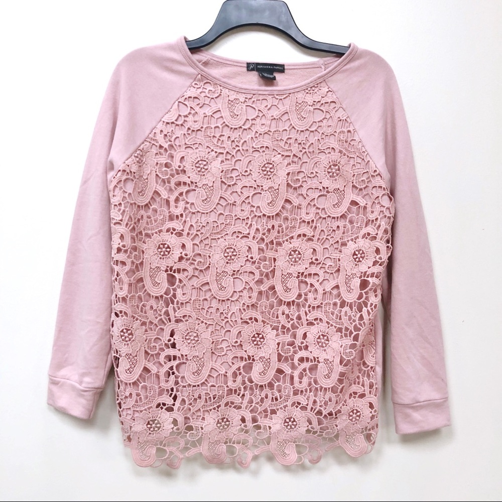 Adrianna Papell Pink Lace Crewneck Pullover S